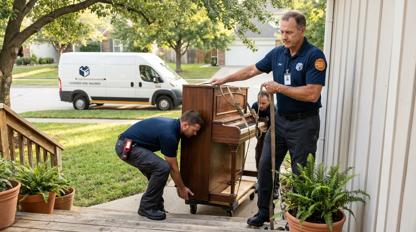 Licensed piano movers securing grand piano in Advance, MO