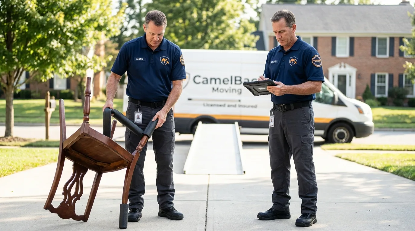Movers inspecting furniture for damage prevention before loading in Advance, MO
